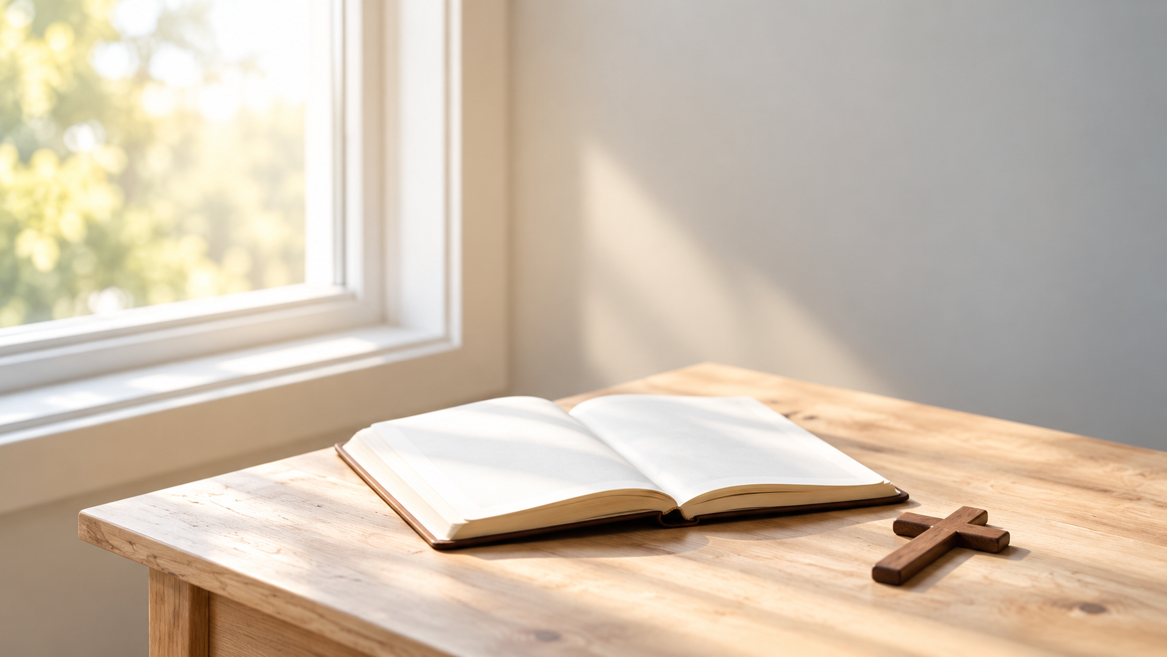 Biblia abierta junto a una cruz de madera sobre una mesa iluminada por luz natural